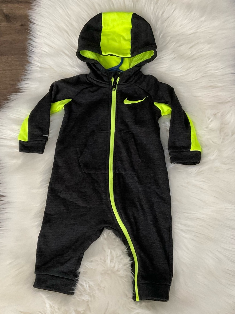 Nike Black and Neon Green Hooded Baby One-Piece